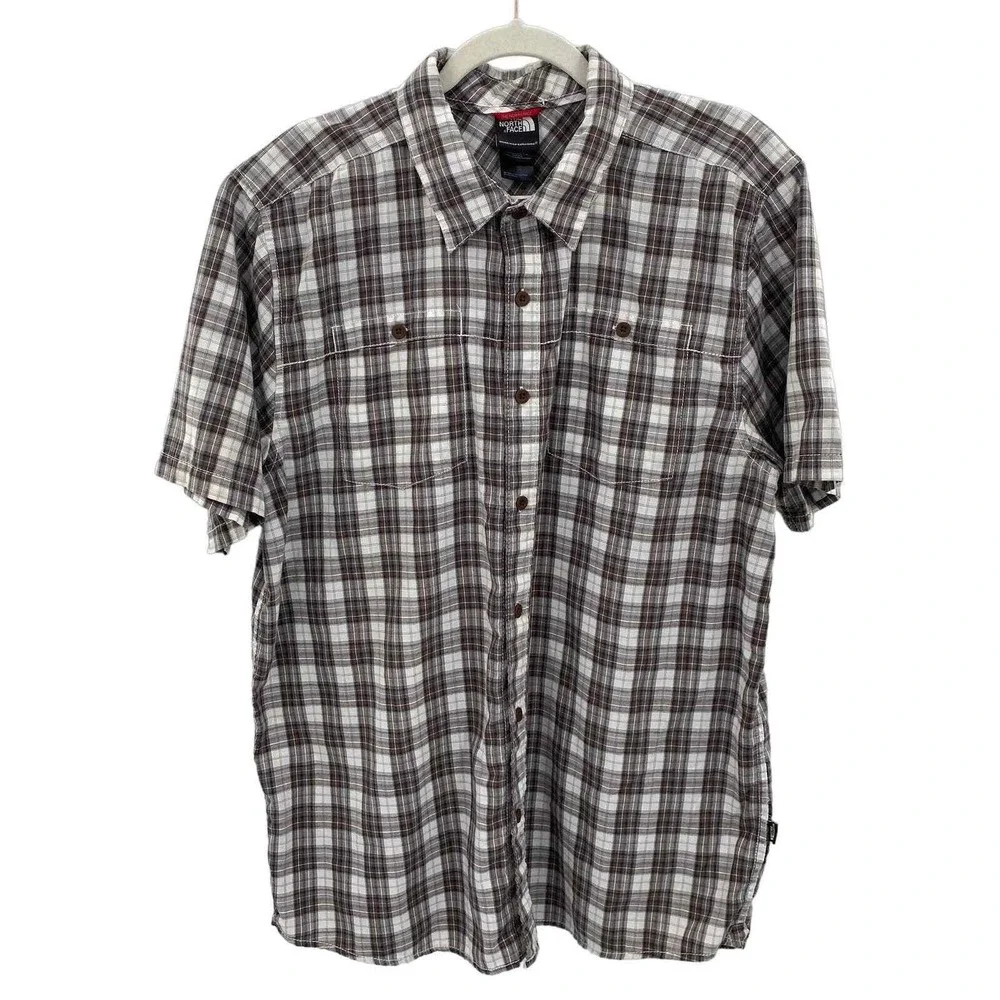 The North Face Button Front Camp Shirt Mens XL White Gray Plaid Cotton Blend